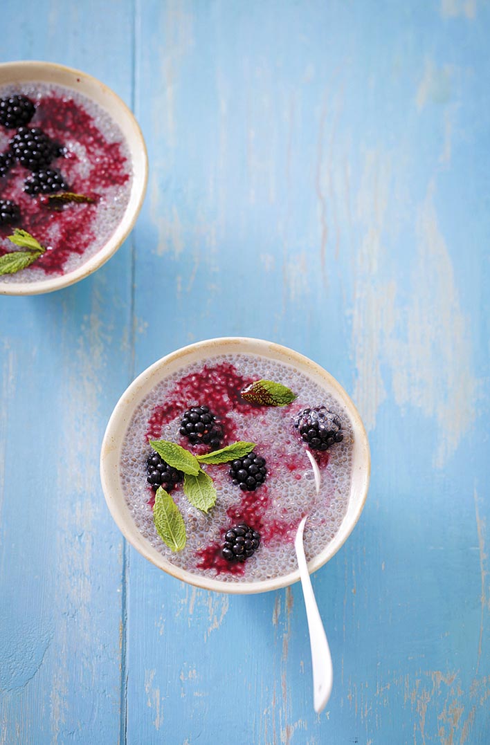Chia seed pudding with blackberry and lime coulis
