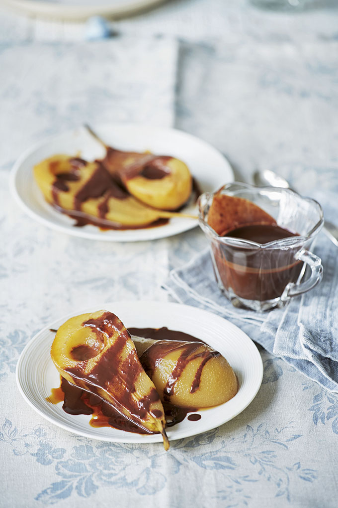 Earl Grey poached pears with warm chocolate sauce
