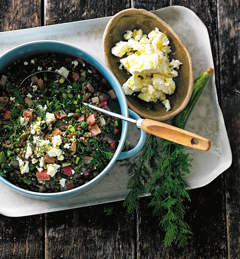 Lentils with chard, dill and feta
