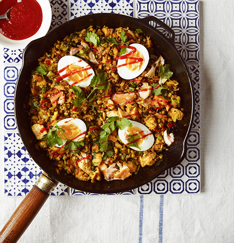 Mixed grains, hot smoked salmon and coconut oil kedgeree