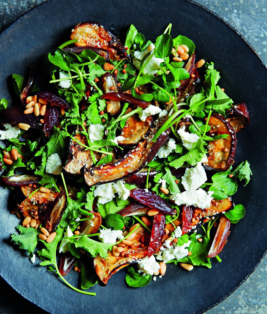 Miso-baked aubergine, dates, feta, crispy buckwheat and tahini yogurt