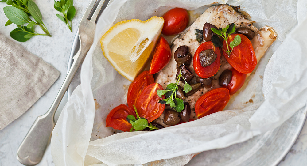 Bass fillet with tomatoes and olives