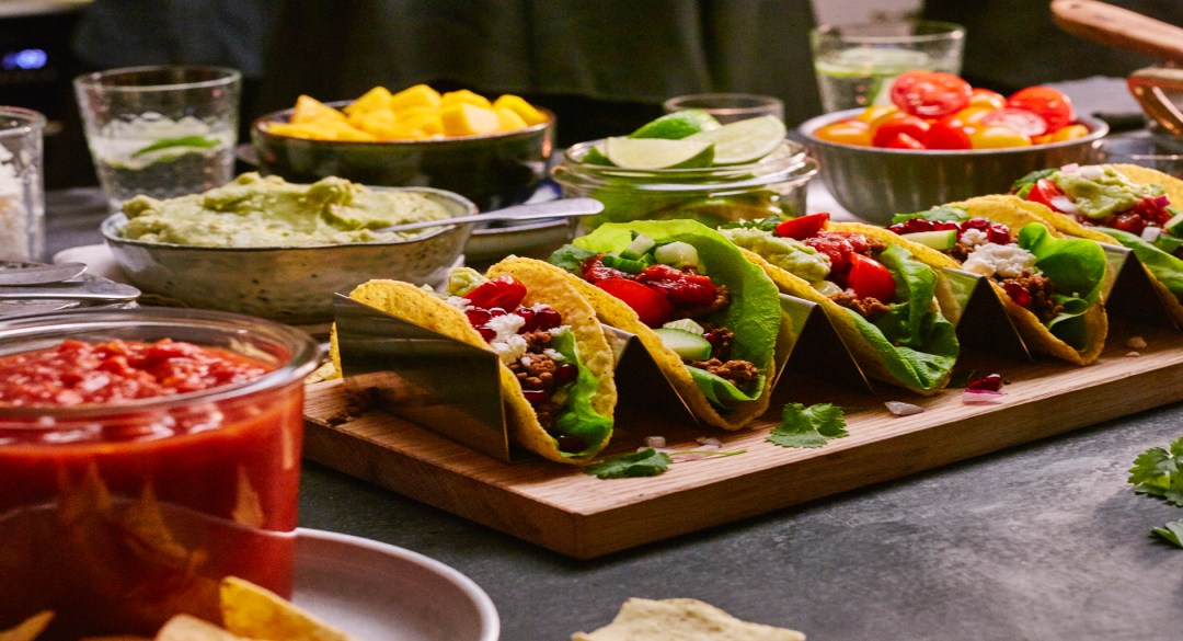 Tacos with feta cheese and pomegranate