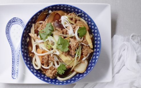 Hot and sour vegetarian duck broth with noodles
