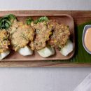 Vegetarian chicken and sweetcorn fritters with Sriracha mayo